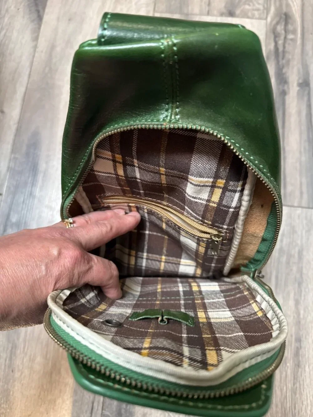 Florence Moon Green Leather Backpack Purse With Plaid Lining & Multiple Compartm